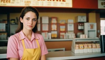 Woman in pink shirt, yellow apron at diner counter