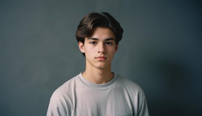 A young man with brown hair stands by a gray wall