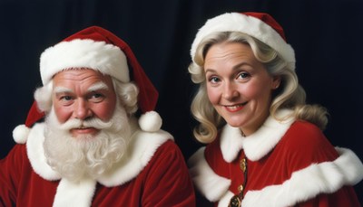 A couple dressed as santa and mrs. claus