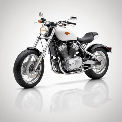 A white motorcycle is parked on a white surface