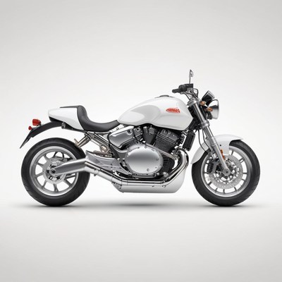 A white motorcycle sits on a white background
