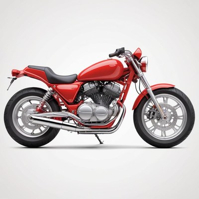 A red motorcycle is parked on a white background