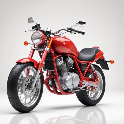 A red motorcycle sits on a white background