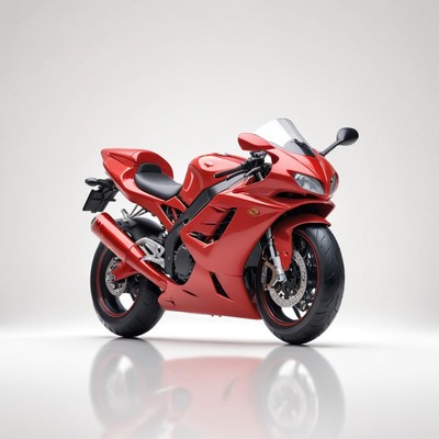 A red sport bike is parked on a white background