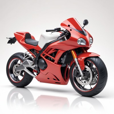 A red sportbike sits on a white background
