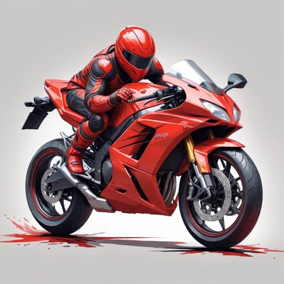 A red motorcycle rider speeds through a turn