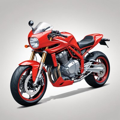 A red motorcycle sits on a white background