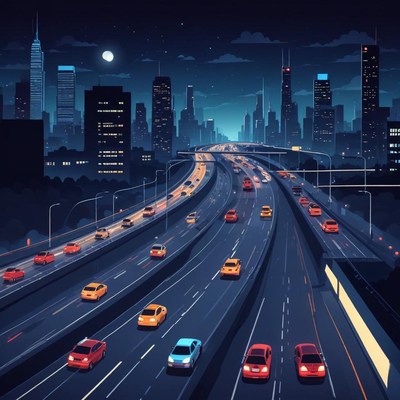 Cars drive on a highway at night in a city