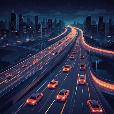 Cars drive on a highway at night
