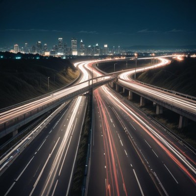 Traffic lights streak across the freeway at night