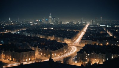 A nighttime view of a city skyline with traffic lights