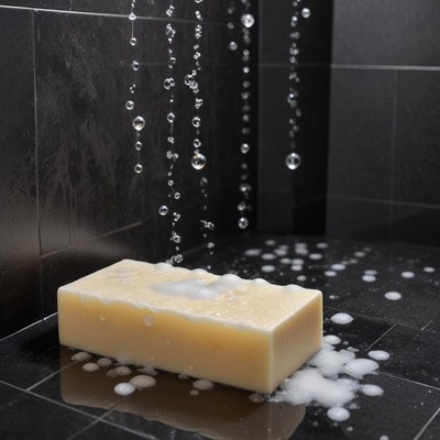 A bar of soap is being rinsed in a shower