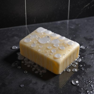 A bar of soap sits on a wet tile floor