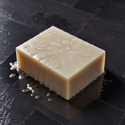 A bar of soap sits on a wet tile surface