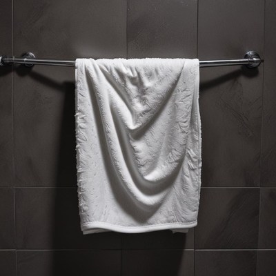A white towel hangs on a bar in a bathroom
