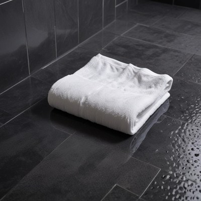 A white towel sits on a wet bathroom floor