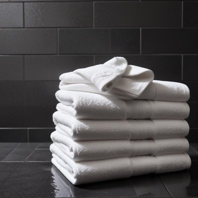 A stack of towels sits on a black tile floor
