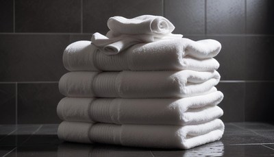 A stack of clean towels sits on a bathroom floor