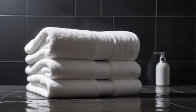 White towels on a wet bathroom countertop