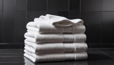 A stack of towels sits on a tile floor