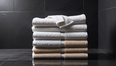 A stack of clean towels sits on a bathroom floor