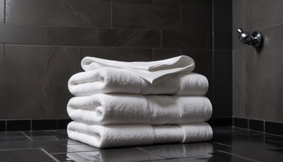Fresh towels in a black tiled bathroom