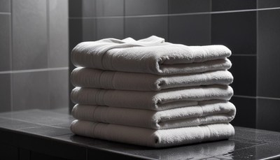 A stack of towels sits on a bathroom counter