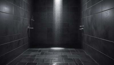 A modern shower with black tile walls