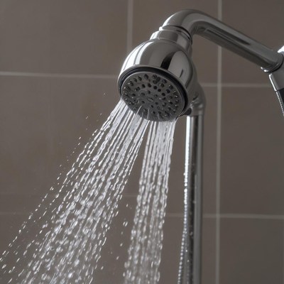 A shower head sprays water in a bathroom