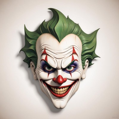 A creepy clown mask hangs on a wall