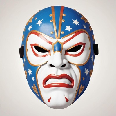 A blue, white, and red mask with stars