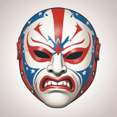 A red, white, and blue mask with a fierce expression