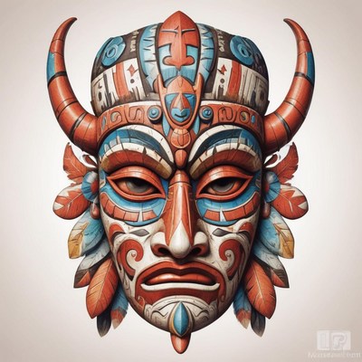 A colorful mask with horns and feathers