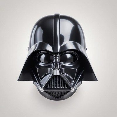 A darth vader mask sits on a white background