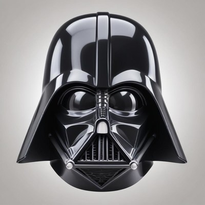 Black darth vader helmet against gray background