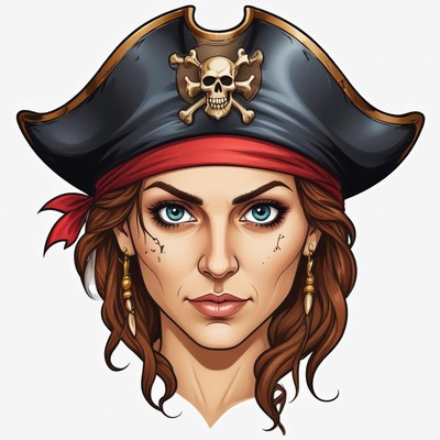 A fierce female pirate stares intensely