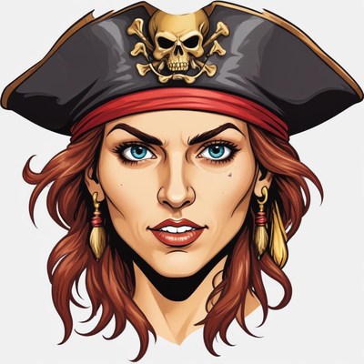 A female pirate with blue eyes and red hair