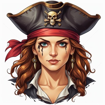 A female pirate in a skull hat stares at the camera