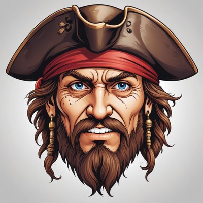 A pirate with a fierce expression wears a hat