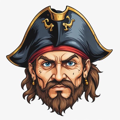 A pirate with a stern expression stares ahead