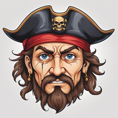A fierce pirate with a skull hat stares ahead