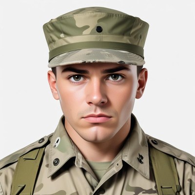 A soldier in camouflage uniform looks directly at the camera