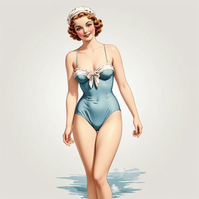 A woman in a blue swimsuit walks on the beach