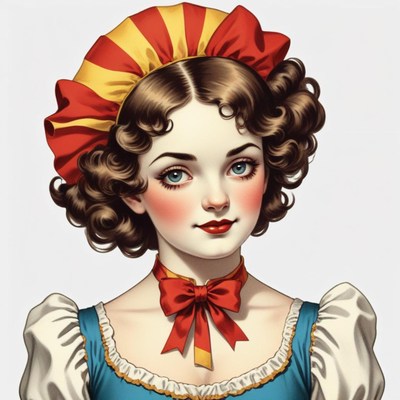 A young woman with curly hair wears a red and yellow hat