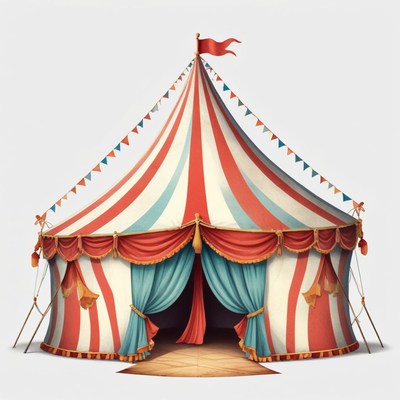 A striped circus tent with a red flag