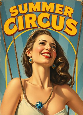 A smiling woman is on a swing at the summer circus