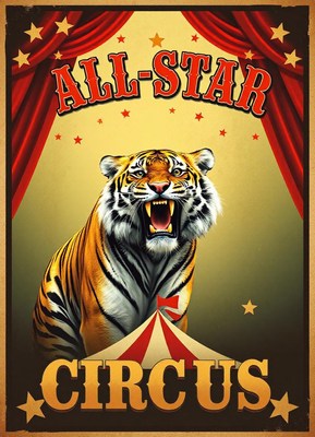 A roaring tiger sits in front of a circus tent