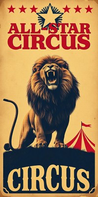 A roaring lion stands in front of a circus tent