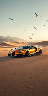 A yellow sports car drives through the desert