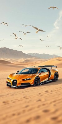 A gold car drives through the desert